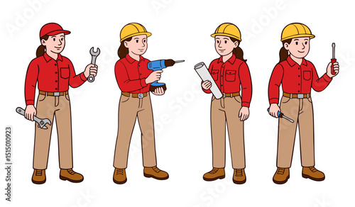Hand-drawn set of female construction workers with tools and helmets. Women in full-body poses holding wrench, drill, blueprint, and screwdriver. Clean line art vector illustration on white background