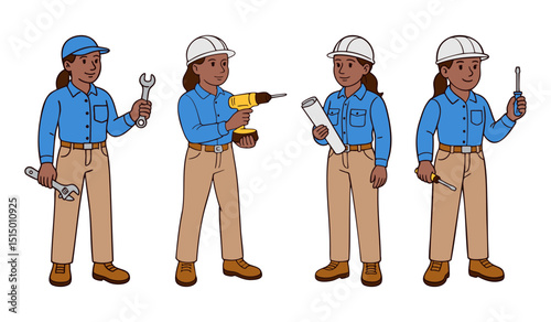 Hand-drawn set of female construction workers with tools and helmets. Women in full-body poses holding wrench, drill, blueprint, and screwdriver. Clean line art vector illustration on white background