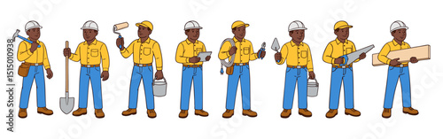 Hand-drawn set of male construction workers with helmets and tools. Men in full-body poses holding different equipment for various professions. Clean line art vector illustration on white background