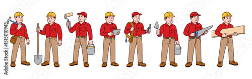 Hand-drawn set of male construction workers with helmets and tools. Men in full-body poses holding different equipment for various professions. Clean line art vector illustration on white background
