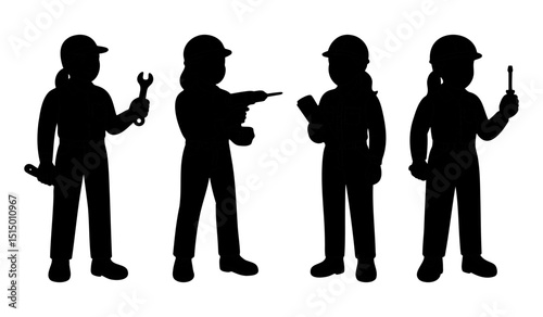 Hand-drawn silhouettes of female construction workers with tools. Set of four women in full-body poses holding wrench, drill, blueprint and screwdriver. Black vector illustration isolated on white