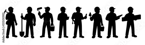 Hand-drawn silhouettes of construction workers with tools and equipment. Group of full-body figures holding shovel, saw, hammer, paint roller and other tools. Clean black vector illustration on white