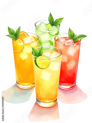A colorful illustration of four glasses of various fruity and refreshing drinks.