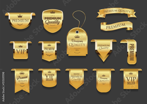 black and gold luxury labels and badges gold premium quality certificate ribbons vector illustration