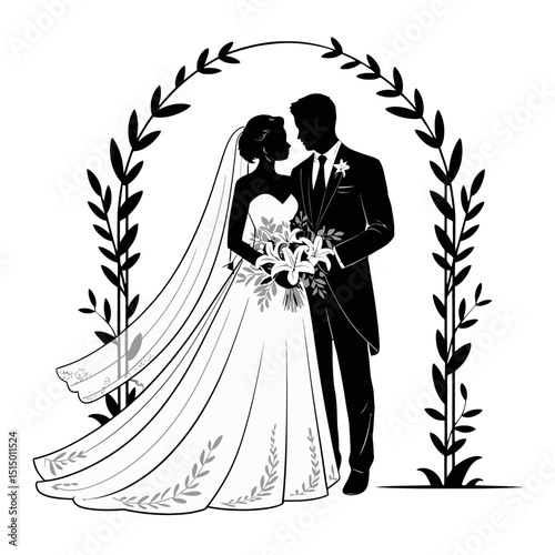 A bride and groom stand together under a decorative arch adorned with leafy branches