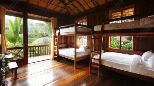 Wooden bunk beds in a tropical hostel overlook lush green jungle scenery. Use for travel blogs, sustainable tourism, or affordable travel destinations.
