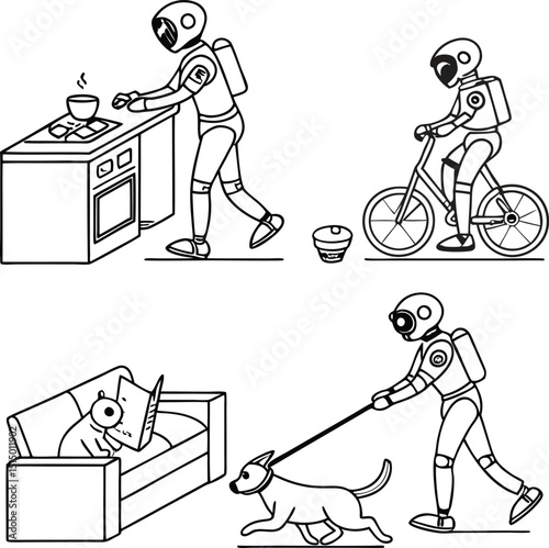 Astronaut Robot Daily Life Scenes Scalable Graphic Design