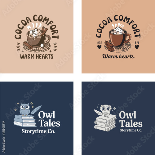 Charming vector illustrations featuring cocoa comfort and owl tales logos for branding and storytelling projects