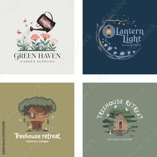 A collection of beautiful nature inspired logos featuring garden supplies treehouse retreat and lantern light designs.