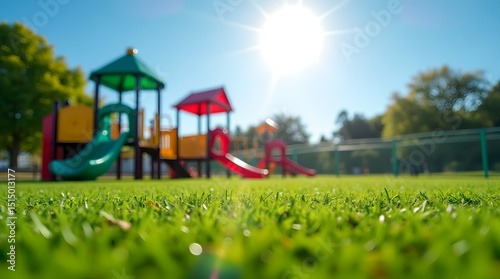 Sunny Playground Scene Lush Green Grass  Colorful Play Structures  and Bright Sunlight for Outdoor Fun and Recreation. Vector Illustration