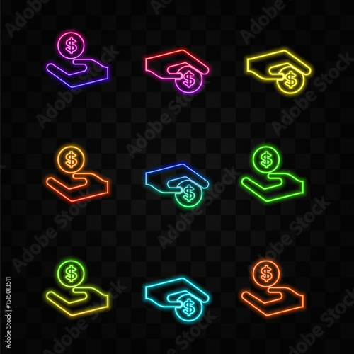 Donate contribution money sign, neon style. Earn money vector icon, salary symbol. Hand and money icon. Share or invest money concept. Pay in cash.