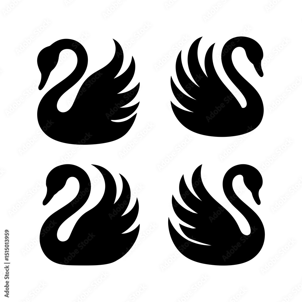 Obraz premium Four elegant black swan silhouettes arranged in a square formation on a white background view from above