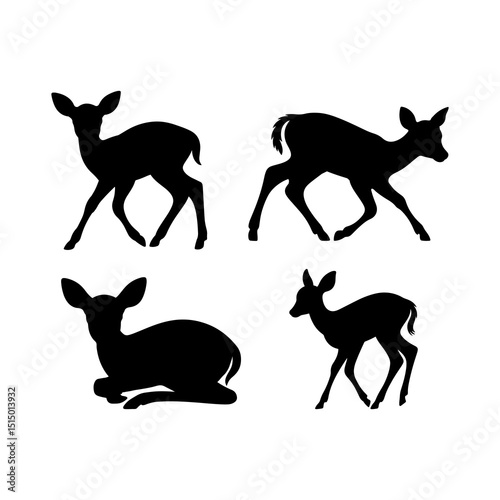 Silhouette depiction of four deer in various poses including standing lying and walking positions shown