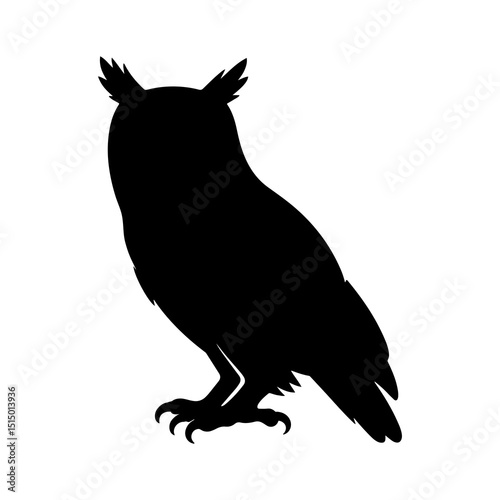 Silhouette of a great horned owl perched with visible ear tufts and sharp talons against white background