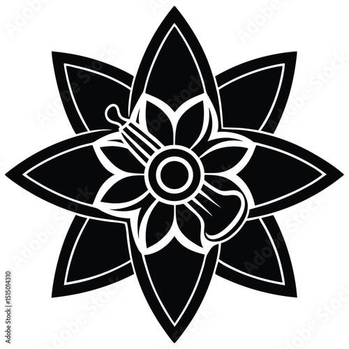 Elegant Floral Violin Design A Unique Black and White Artistic Emblem