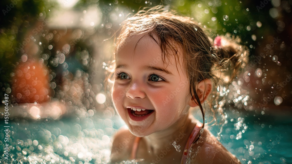 Fototapeta premium Child's joyful expression in a swimming pool, vibrant colors and soft bokeh background. Pure happiness in summer.