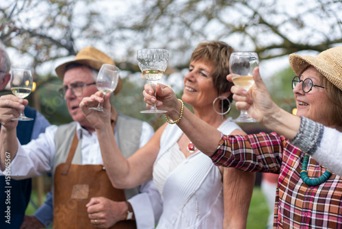 Fotografia Senior friends toasting with white wine at joyful outdoor garden party