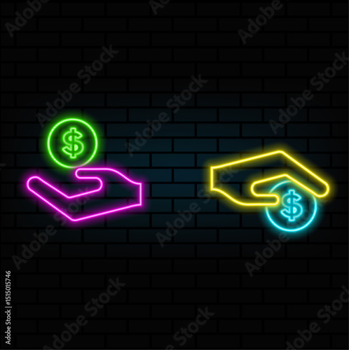 neon style Donate contribution money sign. Earn money vector icon, salary symbol. Hand and money icon. Share or invest money concept. Pay in cash.