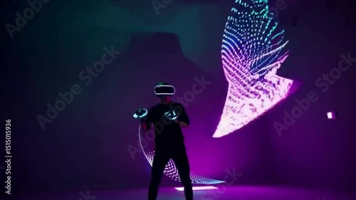 CGI of gamer experiencing an immersive virtual reality game, with a VR headset and motion controllers, engaged in an intense action sequence, surrounded by futuristic digital effects and visuals