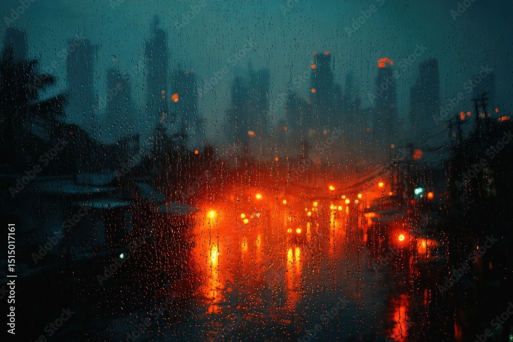Fototapeta premium Rainy city night view through glass
