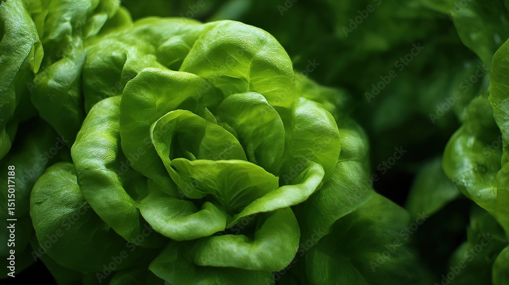 Obraz premium Fresh Butterhead Lettuce in Close-Up, Showcasing Nature's Vibrant Beauty and Delicate Texture 