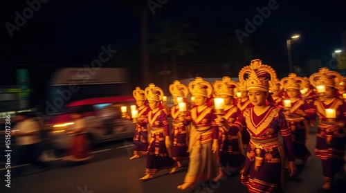 Traditional cultural procession at night; costumed figures carry candles, motion blur