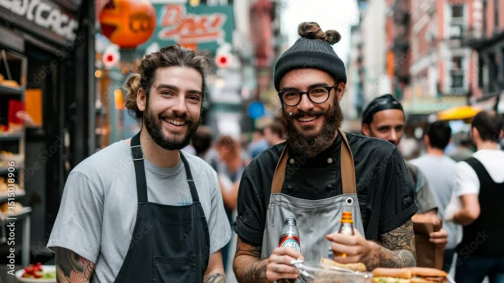 Two male grocery workers in uniforms navigate a bustling city street, surrounded by passersby. Their teamwork shines as they carry bags, showcasing urban life and the spirit of community.
