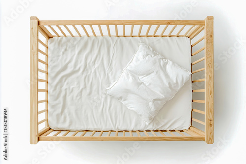 Empty wooden baby crib with white bedding and pillow