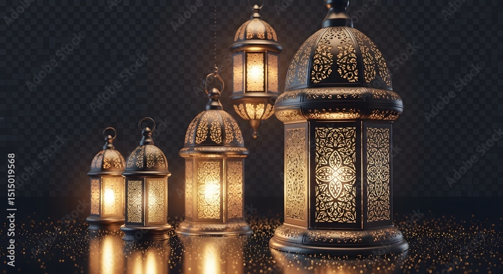 Obraz premium Elegant Ornate Ramadan Lanterns glowing softly against a dark transparent background ideal for Islamic holidays, festive celebrations, and cultural events.
