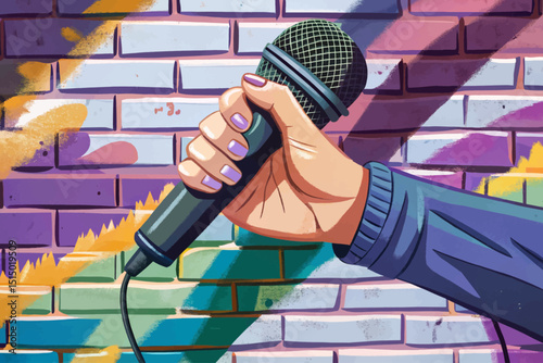 Vector banner with studio microphone with brick wall background illustration