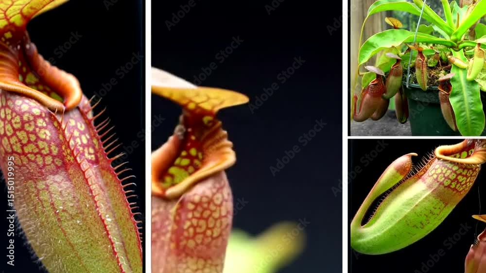AI Generated image of 4k video nepenthes pitcher plant showcasing carnivorous exotic tropical flora, botanical garden nature with green, red, and yellow hanging pitchers