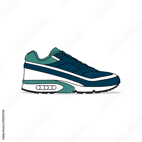 Blue, green, and white sneakers, outlined and isolated on a white background. Suitable for commercial purposes.