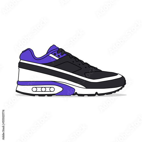 Black, purple, and white sneakers, outlined and isolated on a white background. Suitable for commercial purposes.