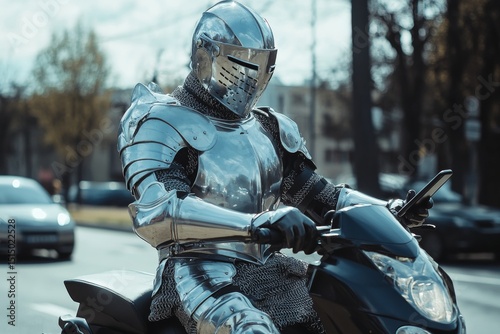 Knight in Full Armor Rides Scooter, Checks Phone on City Street - Modern Anachronism