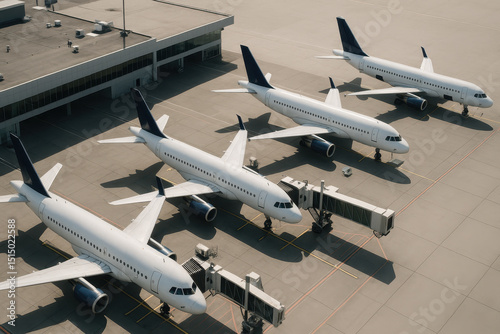 Daylight View Of Parked Airplanes At Airport Terminal With Jet Bridges And Concrete Tarmac Area