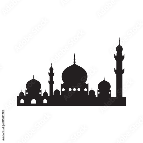 Black silhouette of mosque architecture with minarets and domes against white background