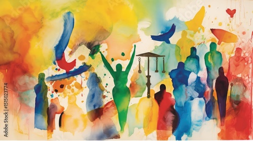 Abstract watercolor art of a vibrant city and sun, with silhouetted people dancing and jumping in a fun, colorful disco party crowd illustration