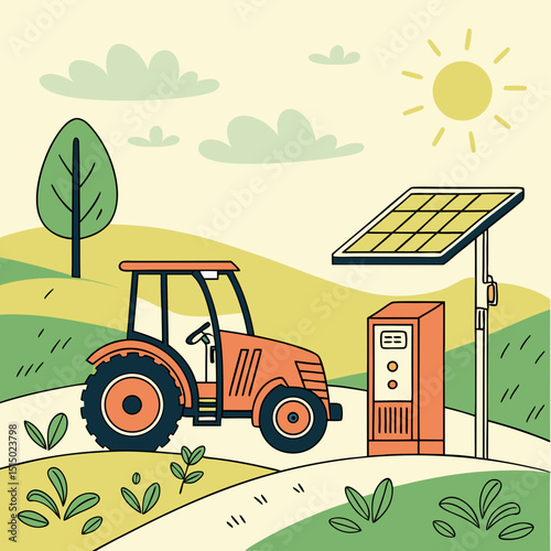 tractor near solar panel in agricultural landscape with natural energy concept and copy space
