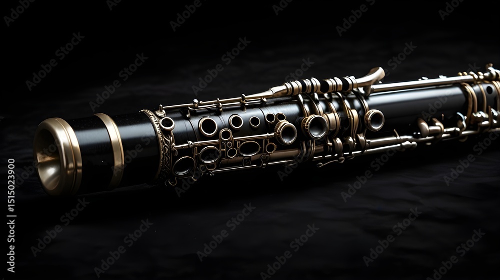 Naklejka premium Clarinet on black velvet background, dramatic contrast 