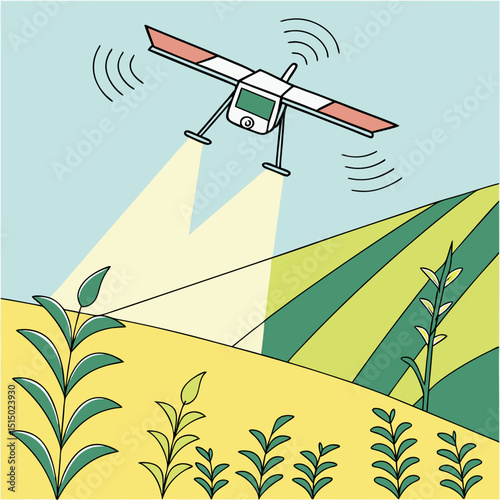 drone spraying crops over green agricultural field in modern farming concept with copy space