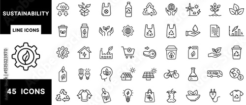 Sustainability Line Icons Set with Recycling, Eco Products, Renewable Energy, Green Living, Organic Materials, Zero Waste, and Environmental Conservation Symbols