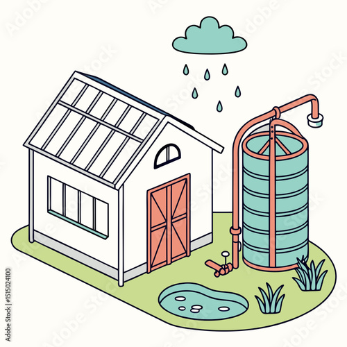 eco-friendly house with solar panels and rainwater tank in sustainable living concept with copy space