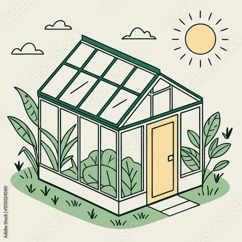 greenhouse with lush plants and sunlight in eco-friendly gardening concept with copy space
