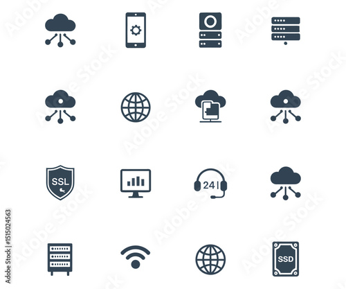 Hosting, servers, network, and data storage icons – vector set of IT, cloud computing, and technology symbols

