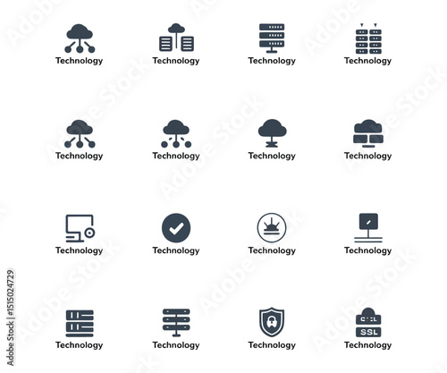 Hosting, servers, network, and data storage icons – vector set of IT, cloud computing, and technology symbols

