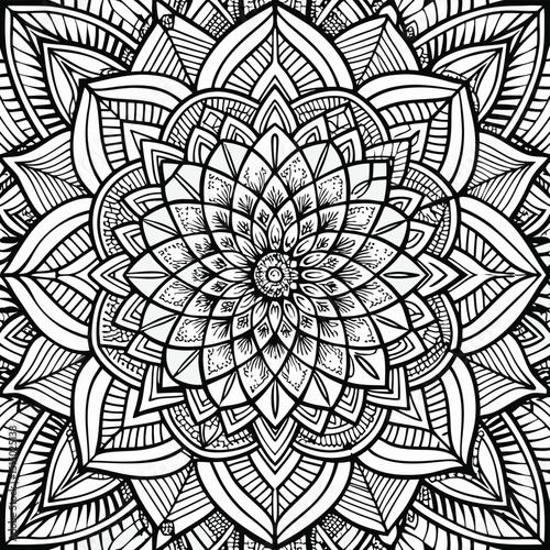 Intricate Black and White Mandala Design for Coloring or Meditation