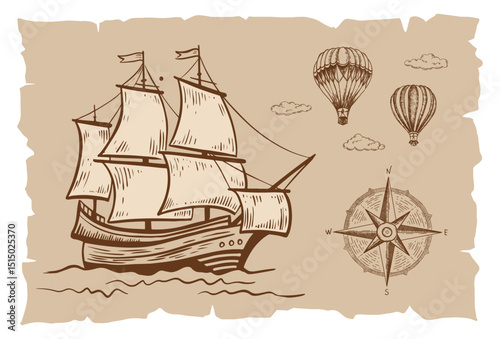 Old vintage sailboat. Hand drawn vector sketch.	
