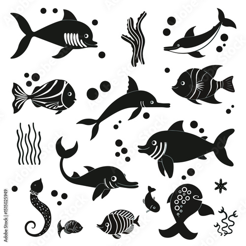 Sea creatures, animals, fishes. Black silhouette set, black silhouettes isolated on white background 