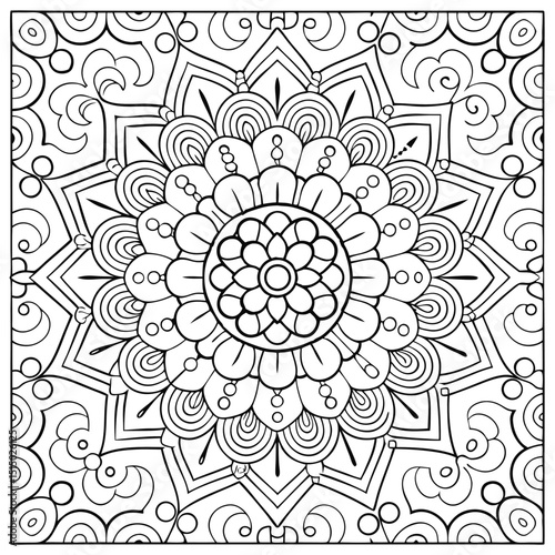 Intricate Floral Mandala Design with Geometric Accents for Coloring and Relaxation