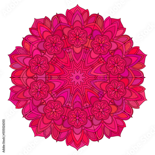 Asian red floral mandala. Vector ethnic circular ornament. Stylish design in vivid shades